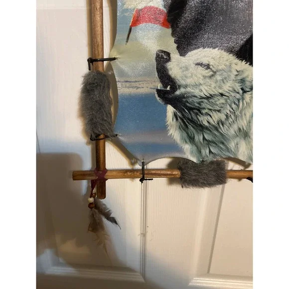 Vintage Style Eagle Wolf American Flag Faux Hide Wood Frame Wall Hanging Decor - Picture 3 of 6